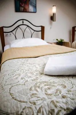 a bed with a blanket and a pillow on it at Hotel Pas Katina in Panevėžys