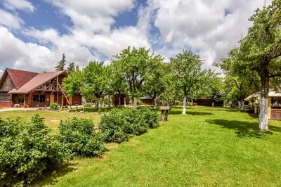 a yard with a house and trees and grass at Rasos sodyba in Prienai