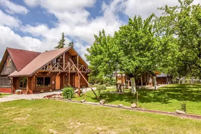 a large wooden house with a tree in front of it at Rasos sodyba in Prienai