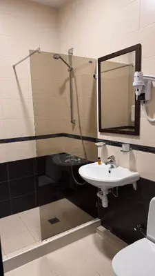a bathroom with a sink and a shower with a mirror at Šaulys in Šiauliai