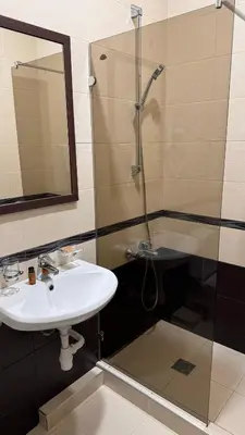 a bathroom with a sink and a shower at Šaulys in Šiauliai