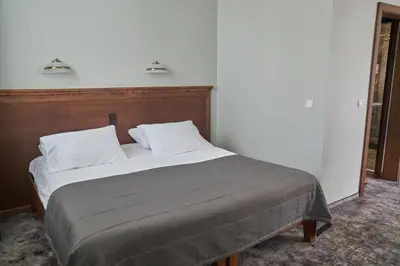 a bed in a bedroom with two pillows on it at Šaulys in Šiauliai