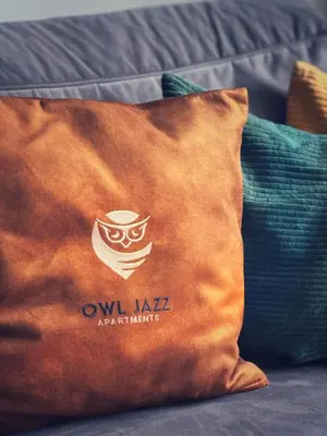 an orange pillow with an owl napkin on it at Modern and spacious loft type apartment 8 with free private parking by 