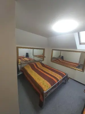 a bedroom with two beds and two windows at Geltona in Šiauliai