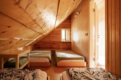 a room with two beds in a log cabin at House of Sparkles in Elektrėnai