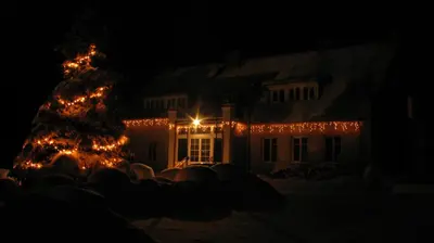 a christmas tree in front of a house with lights at Ašmonienės svečių namai 