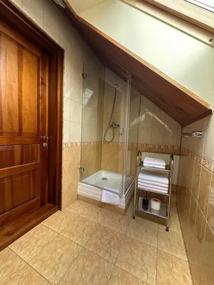 a bathroom with a shower and a bath tub at Ašmonienės svečių namai 