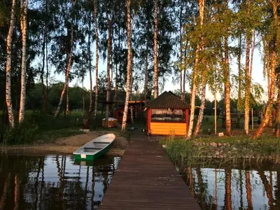 a small house with a dock and a boat on the water at Senelio Romo Sodyba in Molėtai