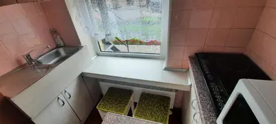 a small kitchen with a sink and a window at Verkių Namelis in Vilnius