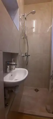 a bathroom with a sink and a shower at Verkių Namelis in Vilnius
