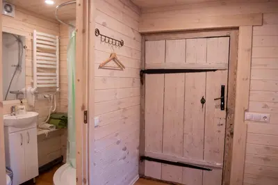 a bathroom with a wooden door and a toilet at Sodyba Namelis medyje Anykščiuose in Anykščiai