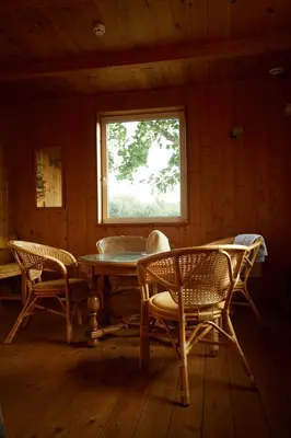 a table and chairs in a room with a window at Sodyba Dubinga in Molėtai