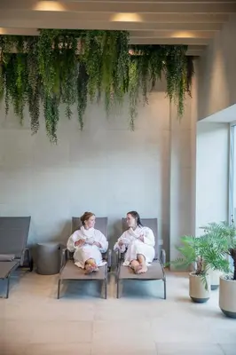 two people sitting on chairs in a room with plants at Nykščio Namai & SPA in Anykščiai