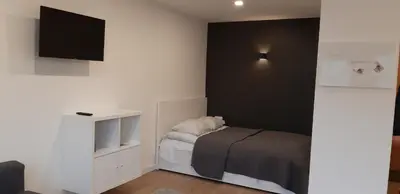 a small bedroom with a bed and a tv at Biliūno studio in Anykščiai
