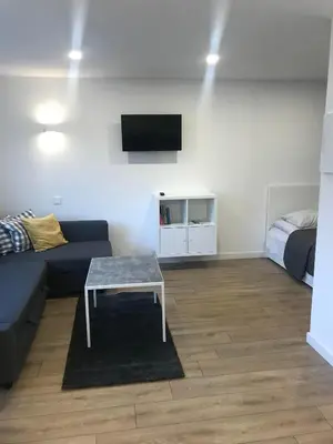 a living room with a couch and a table and a bed at Biliūno studio in Anykščiai