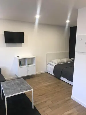 a bedroom with a bed and a tv on the wall at Biliūno studio in Anykščiai