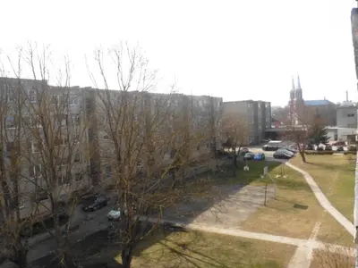 a view of a park with trees and buildings at Biliūno studio in Anykščiai