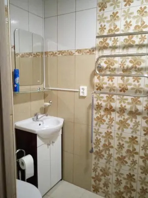 a bathroom with a sink and a shower with a mirror at Anykštukas in Anykščiai