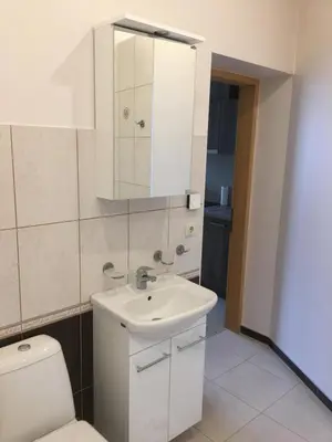 a bathroom with a toilet and a sink and a mirror at Domina in Vilnius