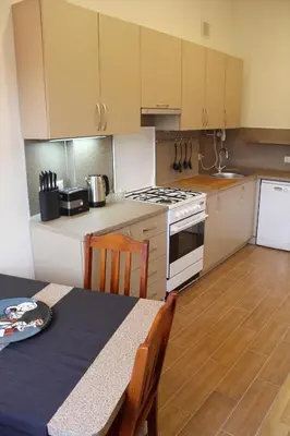 a kitchen with a table and a stove top oven at Nemunas Street Apartment in Kaunas