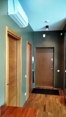 an empty room with a wooden door and a hallway at Chocolate Apart in Druskininkai