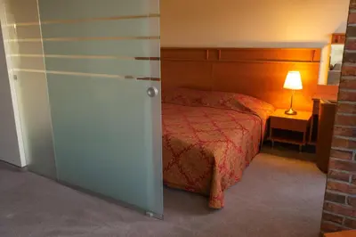 a bedroom with a bed and a refrigerator in it at Hotel Vaidila in Alytus