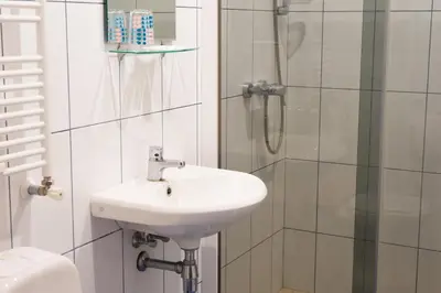 a white bathroom with a sink and a shower at Hotel Vaidila in Alytus