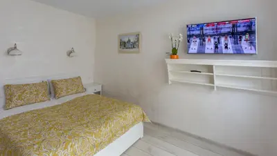a bedroom with a bed and a flat screen tv at Classic Old Town Apartment in Druskininkai