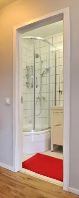 a bathroom with a shower and a red rug at Dzuku apartment 40 in Vilnius