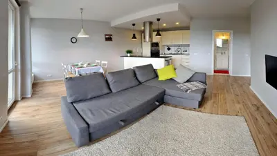 a living room with a gray couch and a kitchen at Dzuku apartment 40 in Vilnius