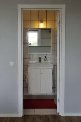 a small bathroom with a sink and a mirror at Dzuku apartment 40 in Vilnius