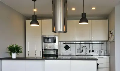 a kitchen with white cabinets and stainless steel appliances at Dzuku apartment 40 in Vilnius