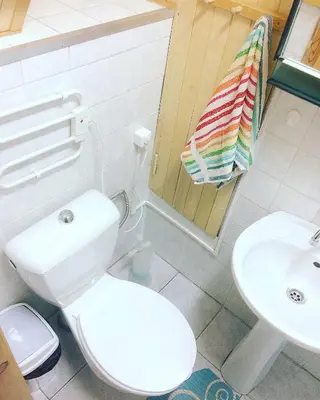 a bathroom with a white toilet and a sink at Jolando Apartment in Kaunas