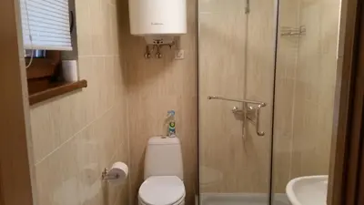 a bathroom with a shower and a toilet and a sink at Vasarnamis Zarasuose in Zarasai