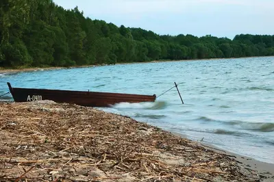 a boat sitting on the shore of a body of water at Vivaldi Lake House in Meteliai