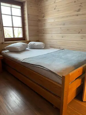 a bedroom with a bed in a wooden room at Vila Rica in Ricieliai