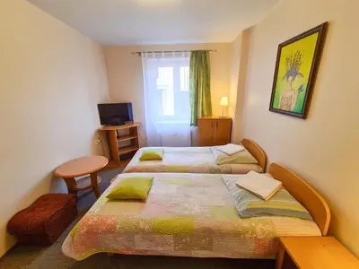 a hotel room with two beds and a television at Drusva Apartamentai in Druskininkai