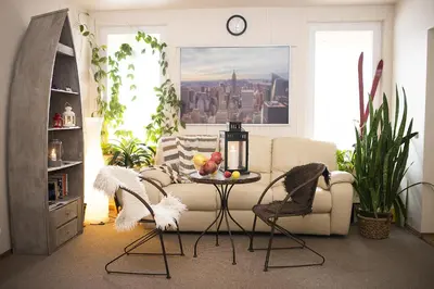 a living room with a couch and a table at Drusva Apartamentai in Druskininkai
