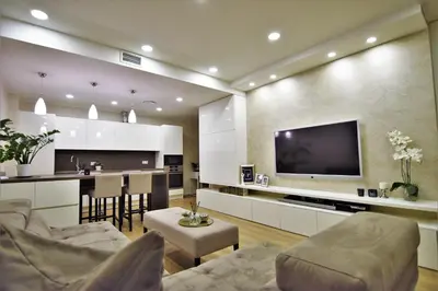 a living room with a tv and a kitchen at Europa Dream Apartment in Vilnius