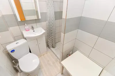 a small bathroom with a toilet and a sink at Guest House Simona in Lazdijai