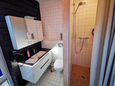 a bathroom with a toilet and a sink and a shower at Duarto house, Sauna and Hot Tub in Šiaudinė