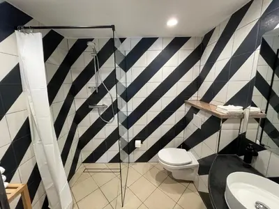 a bathroom with a black and white checkered wall at Duarto house, Sauna and Hot Tub in Šiaudinė