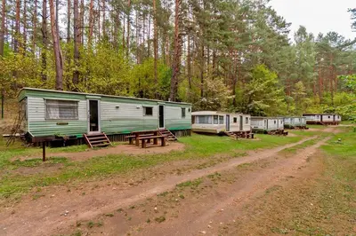 a group of rvs parked next to a dirt road at Camping Mindunai in Mindūnai