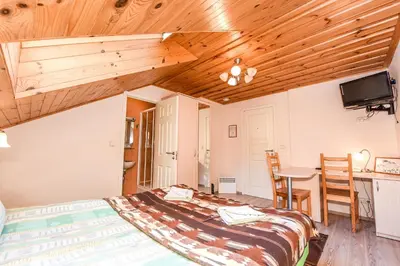 a bedroom with a bed and a desk in a room at Camping Mindunai in Mindūnai