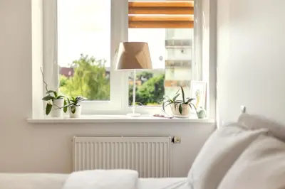 a window with potted plants in a bedroom at #inVilnius - Spacious & Bright 1BDR Apartment Shopping District in Vilnius