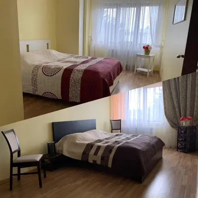 two pictures of a bedroom with a bed and a chair at Sauliaus apartamentai in Panevėžys