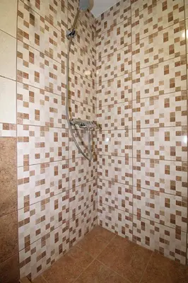 a bathroom with a shower with a tiled wall at Sauliaus apartamentai in Panevėžys