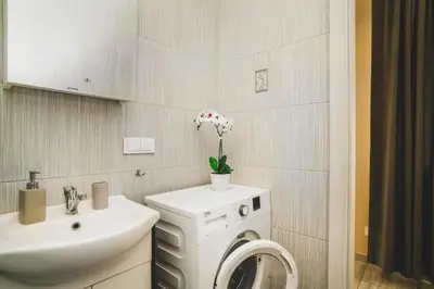 a bathroom with a washing machine and a sink at Cozy Stay Apartment in Kaunas