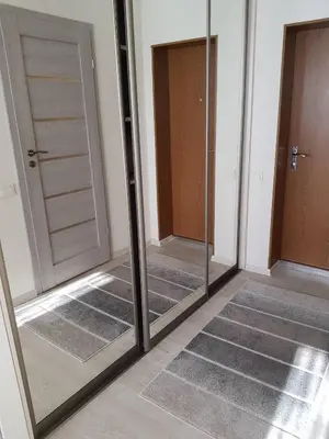 a mirrored room with two doors and two mirrors at Apartamentai Vilniaus Street in Šiauliai