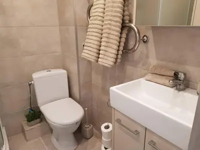 a bathroom with a white toilet and a sink at Apartamentai Vilniaus Street in Šiauliai